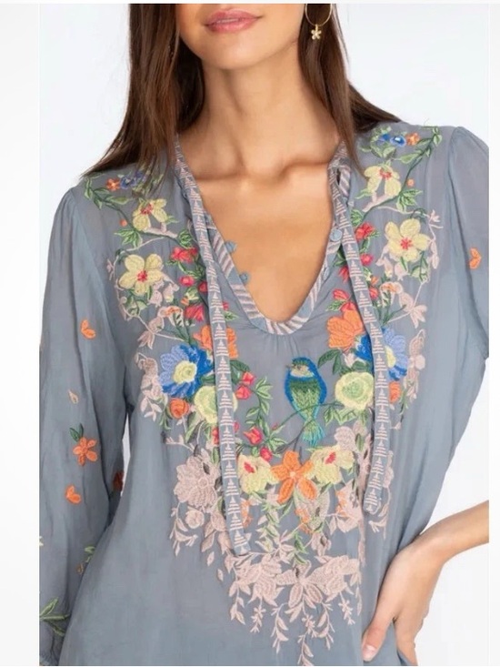 Johnny Was Tops - Johnny Was Taifa Blouse Blue Embroidered Bird Floral Peasant Boho Large Coastal